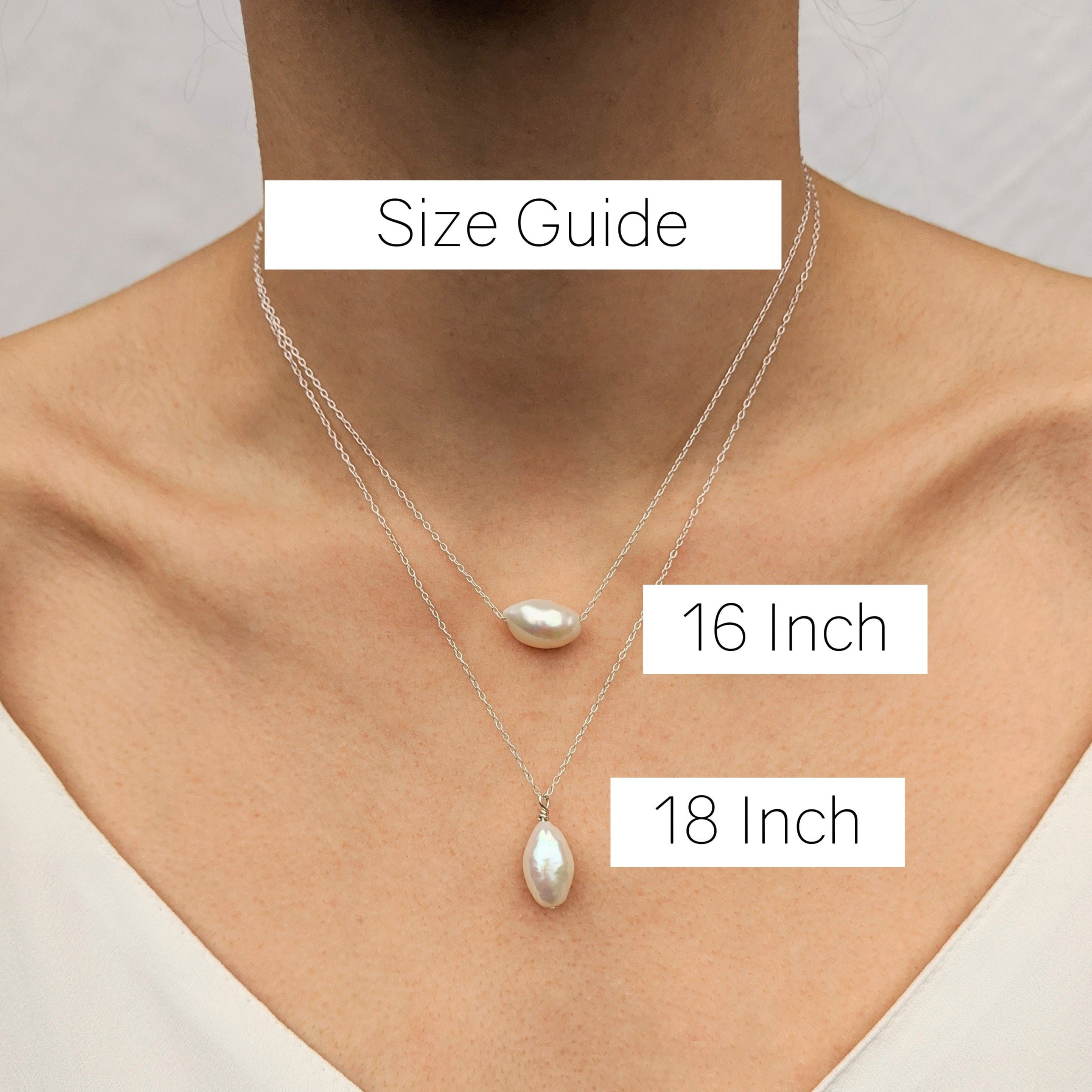 Necklace size guide showing 16 and 45cm lengths