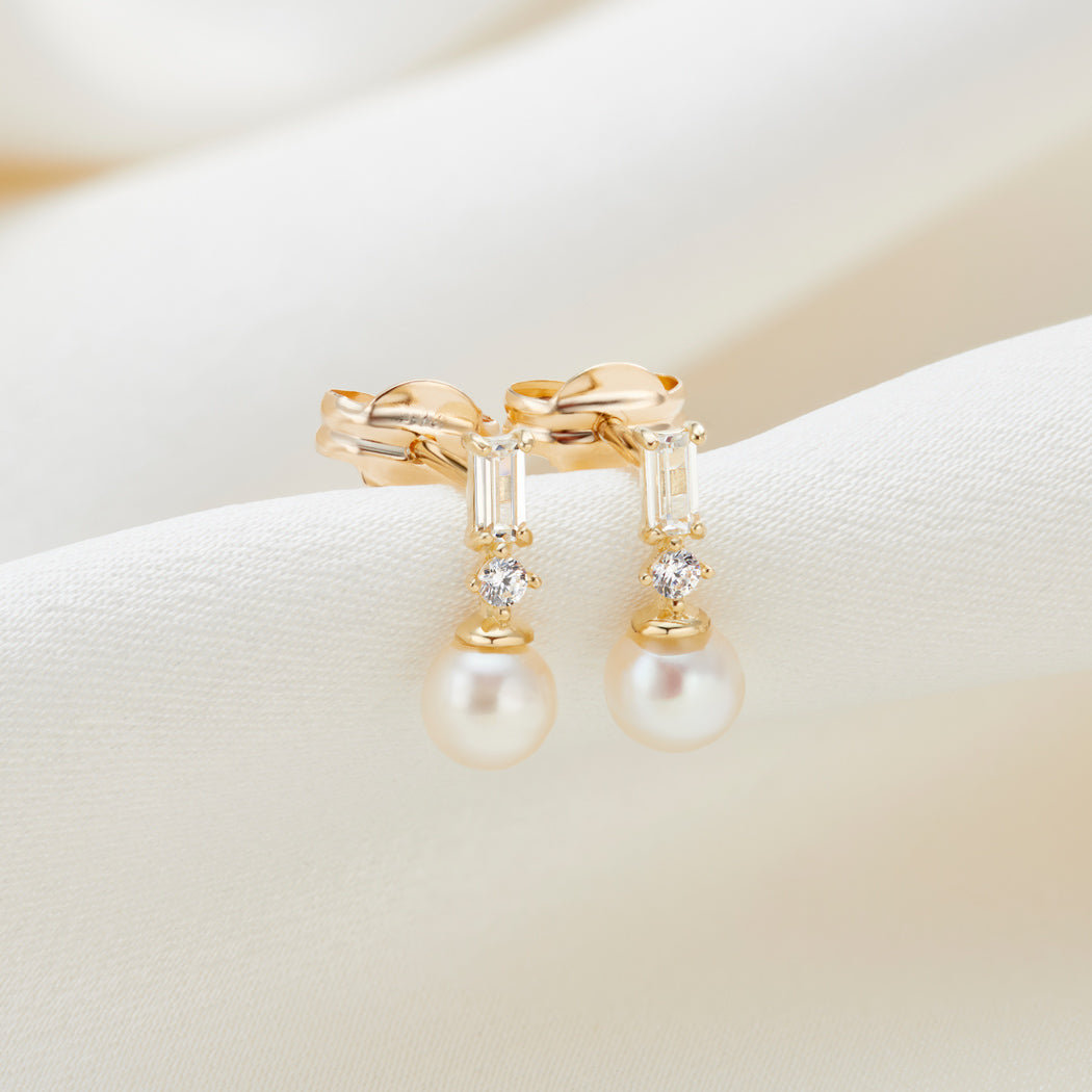 9ct Solid Gold Mini Rectangular Pearl Drop Stud Earrings - Lilith