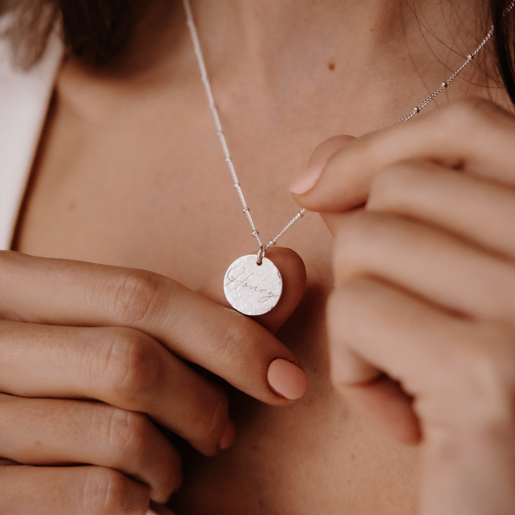 Engraved Hammered Disc Necklace - Mini Thea