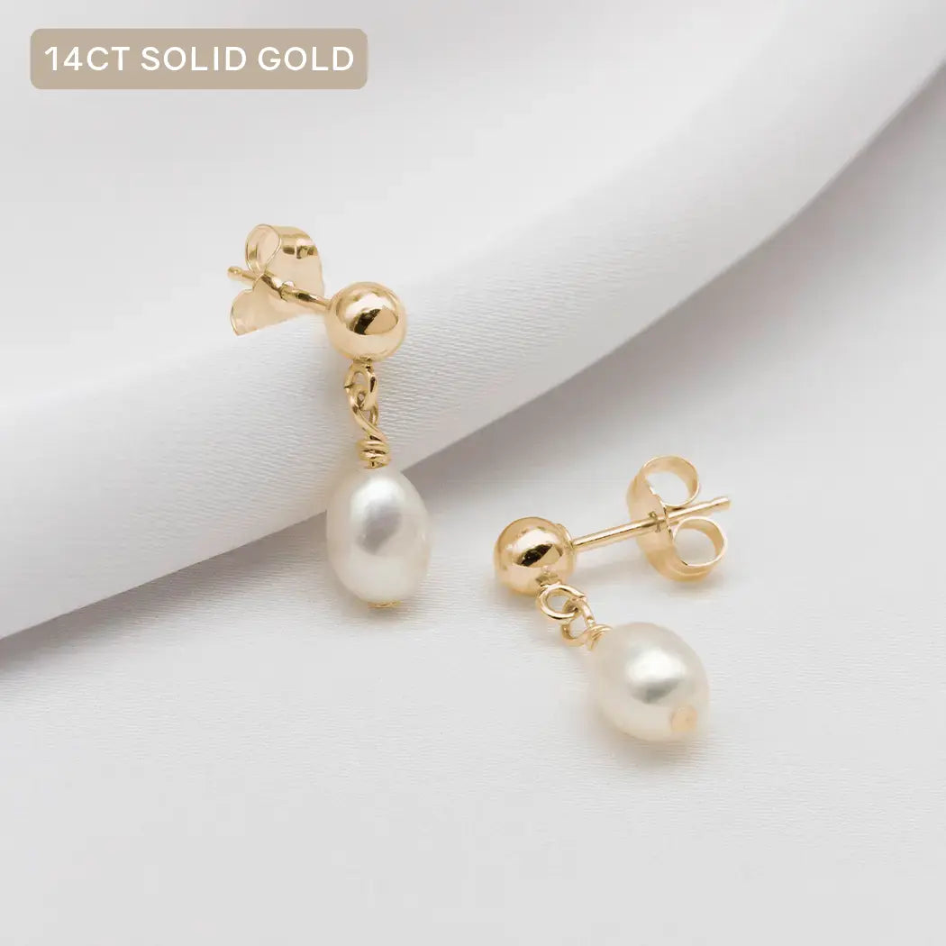 14ct Solid Gold Mini Pearl Stud Drop Earrings - Mini Elodie