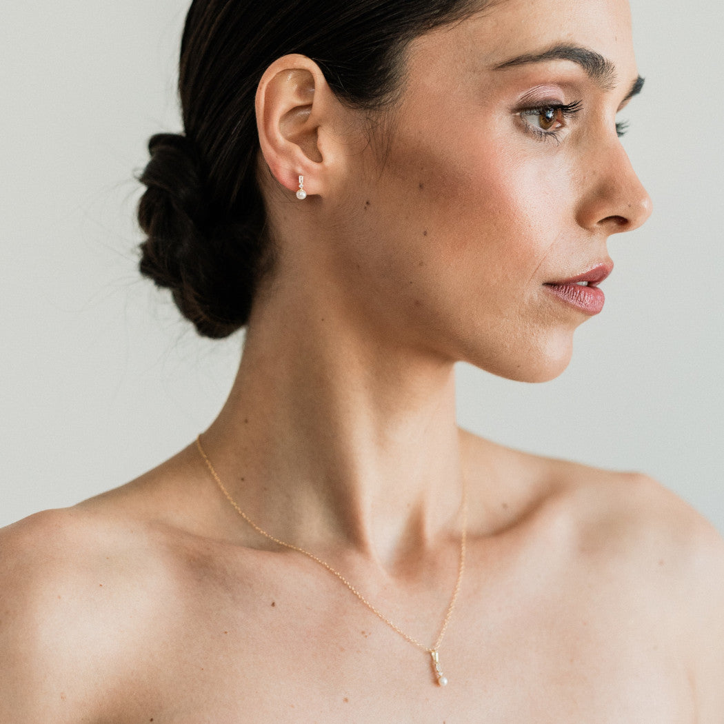 9ct Solid Gold Mini Rectangular Pearl Drop Stud Earrings - Lilith