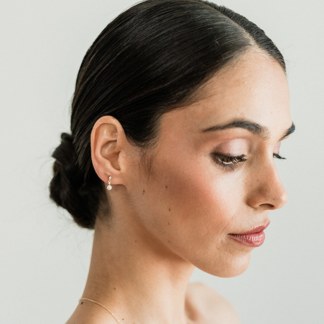 9ct Solid Gold Mini Diamanté Dangly Pearl Stud Earrings - Aurora