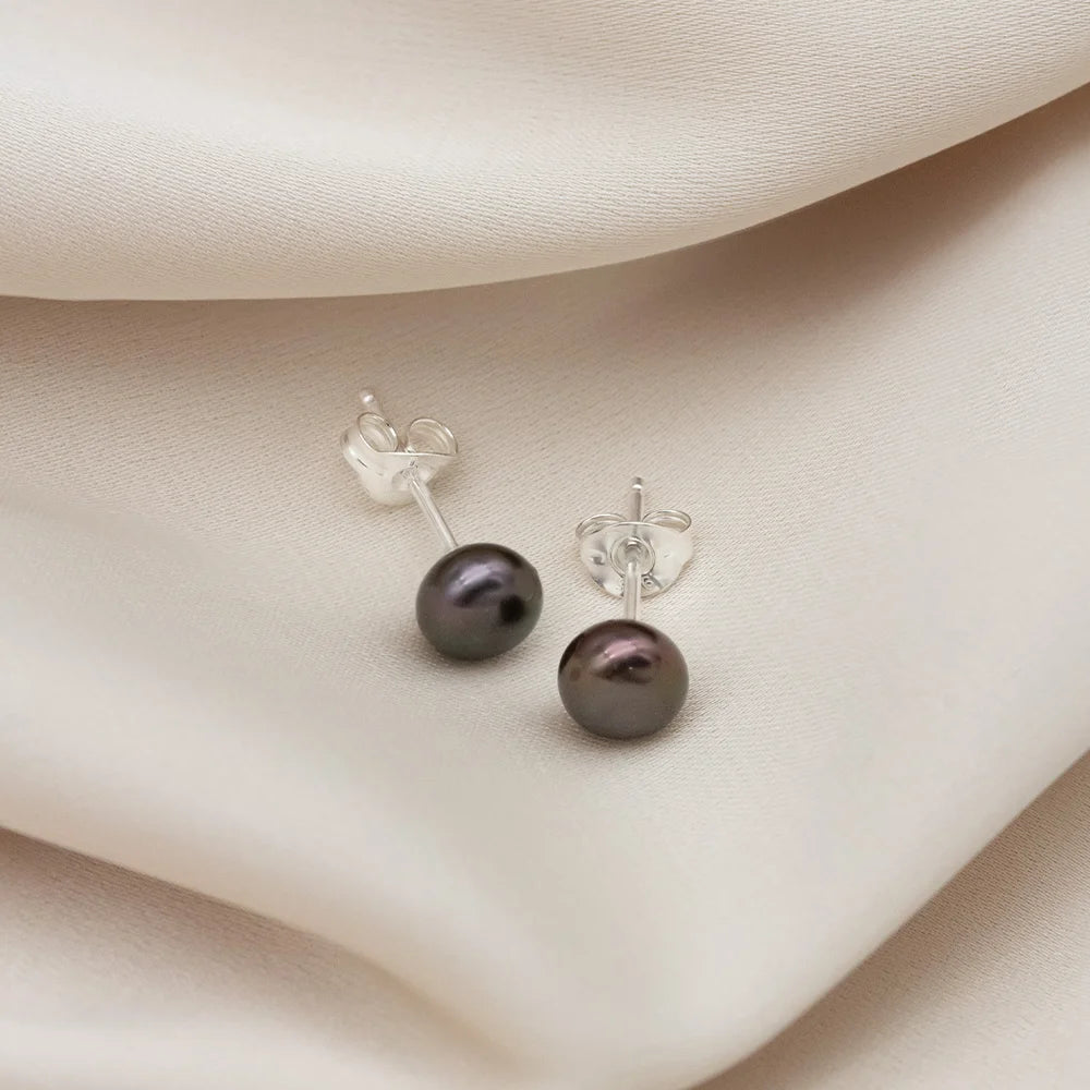 Black Pearl Button Stud Earrings