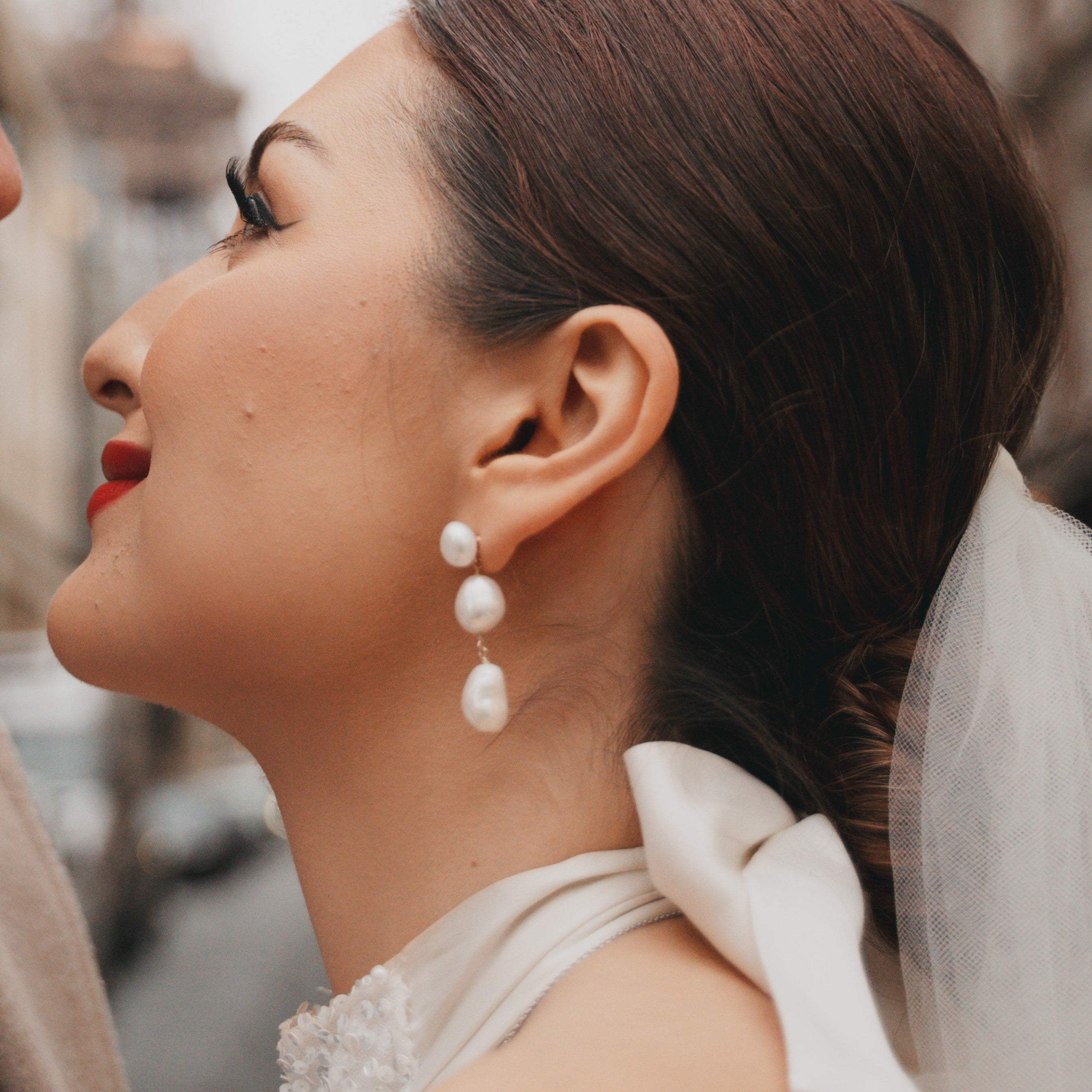 Laila Three Pearl Bridal Pearl Drop Earrings