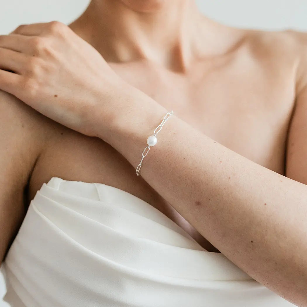 Sparkly Pearl Paperclip Chain Bracelet - Elaina