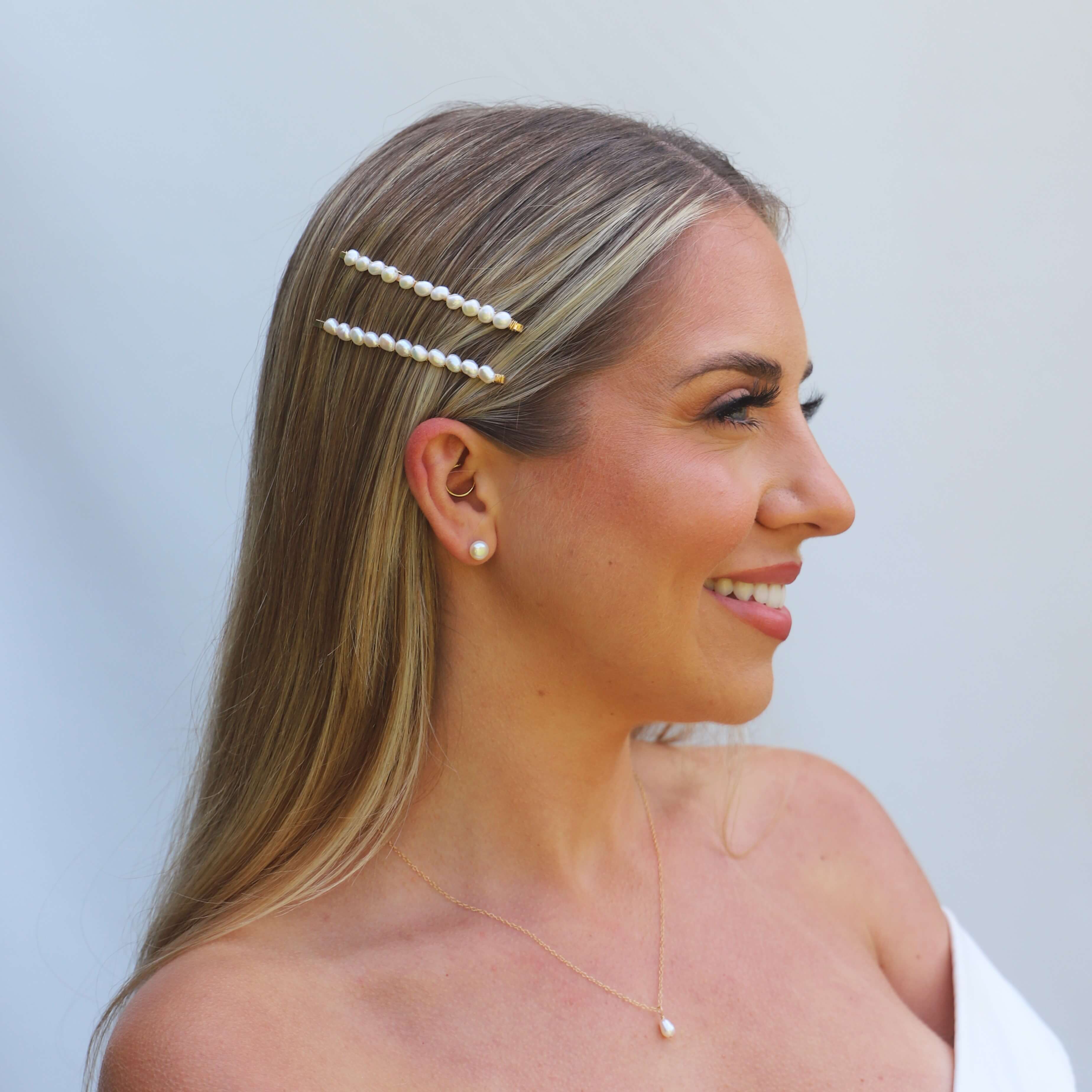 freshwater pearl gold hair slide long double hair slide on bride