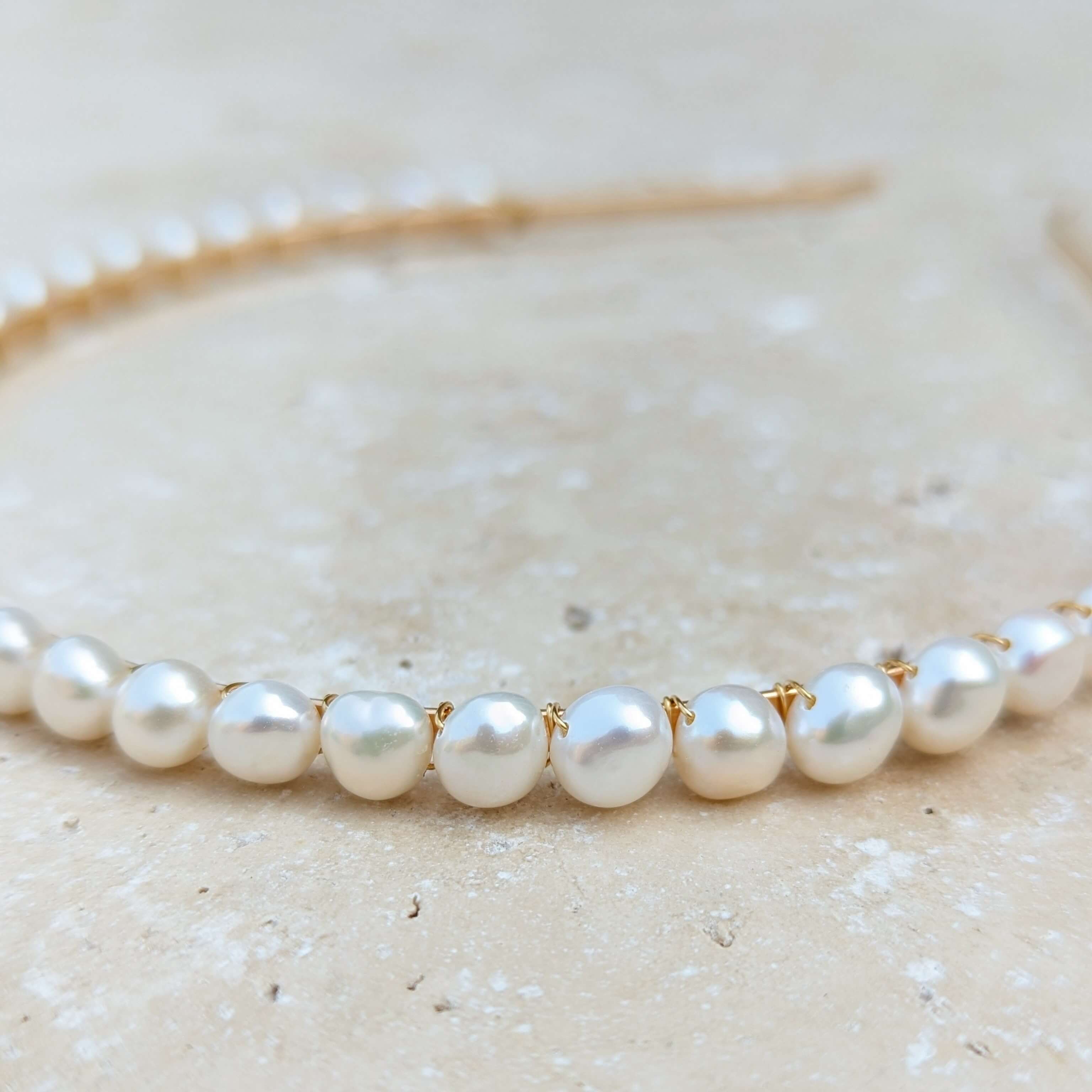 Close up of real pearl metal headband