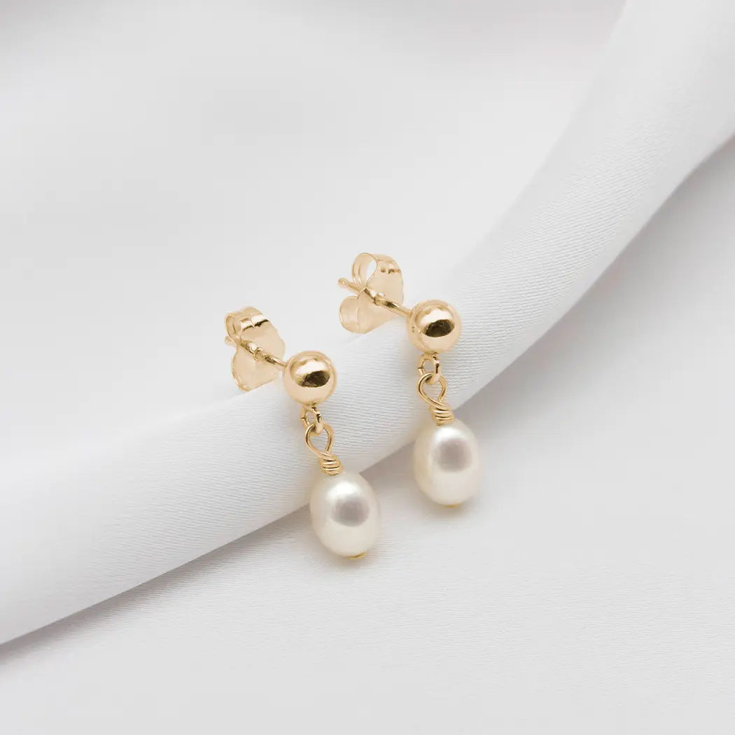 14ct Solid Gold Mini Pearl Stud Drop Earrings - Mini Elodie