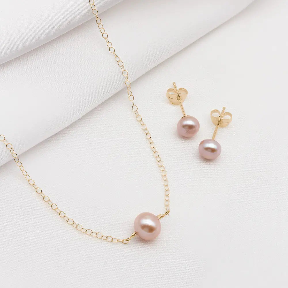 Stud Earrings and Necklace Set with Pink Pearls - Amari