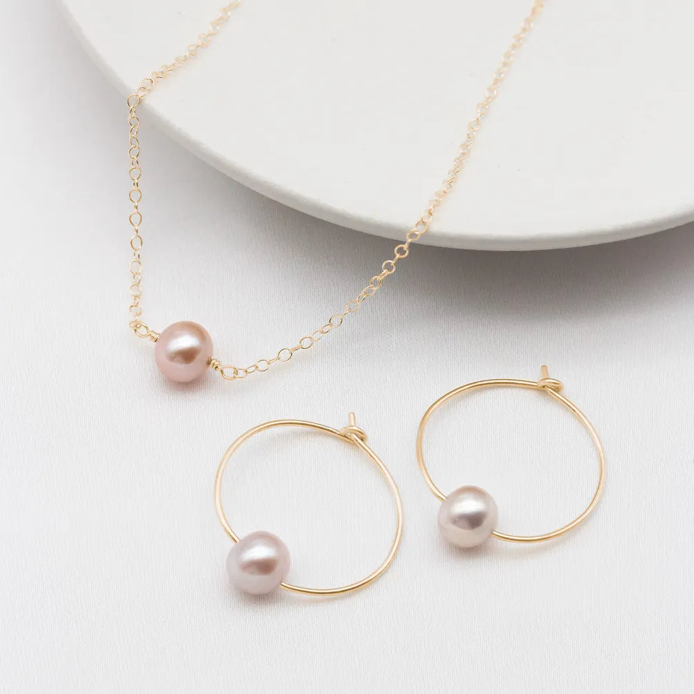 Pink Pearl Hoop Earrings and Necklace Set - Mia