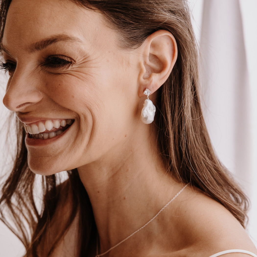 Large Pearl Crystal Statement Stud Drop Earrings - Nova