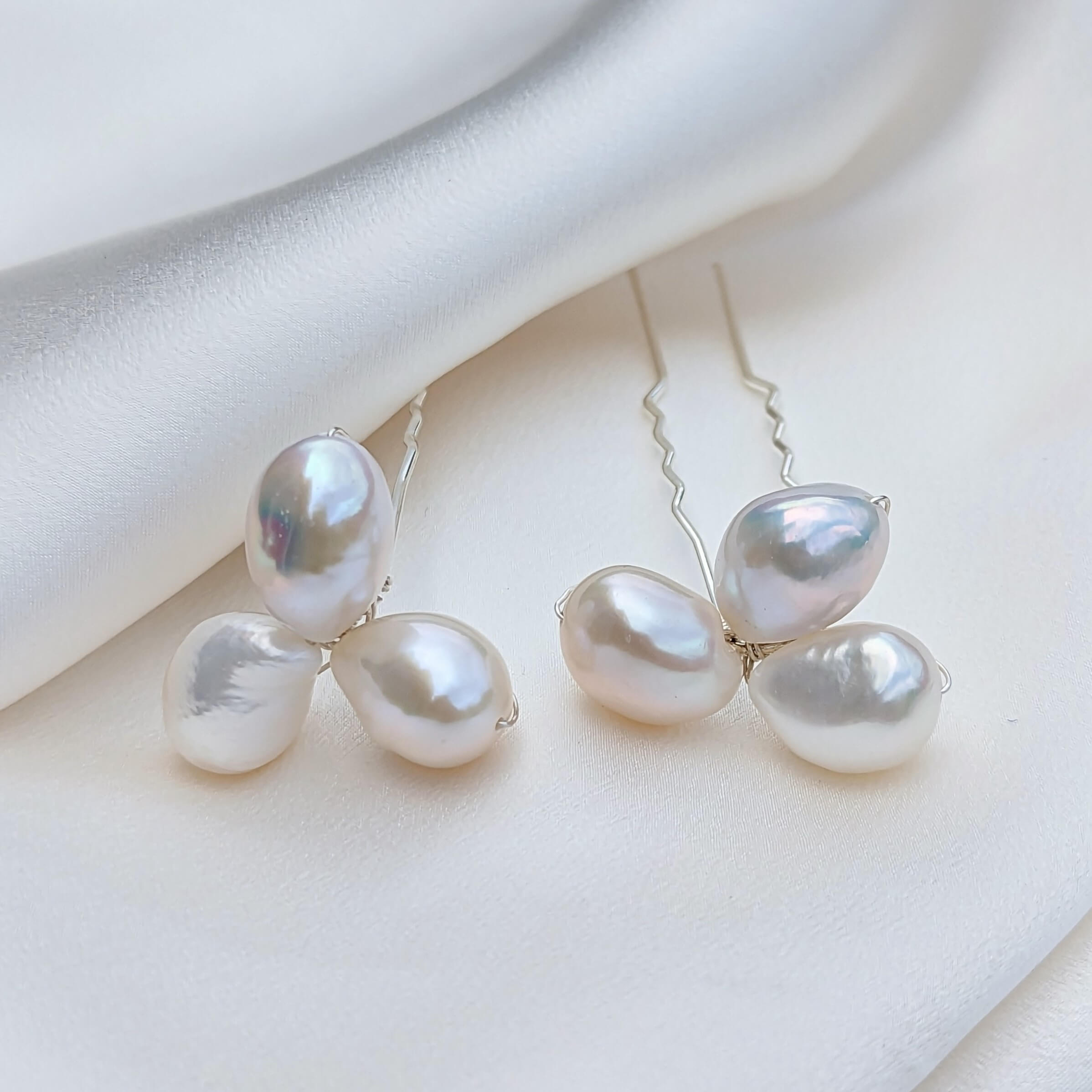 set of two pearl cluster hair pins in silver