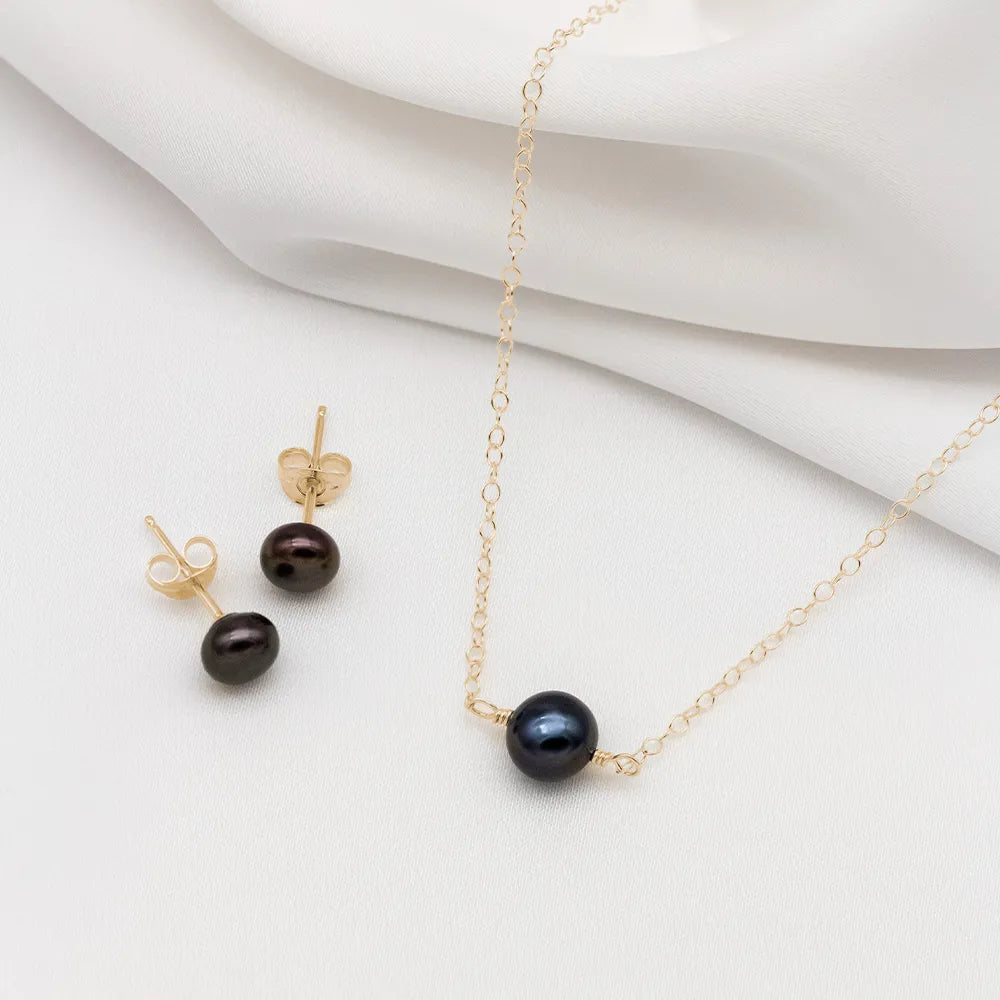 Black Pearl Stud Earring & Necklace Set - Amari