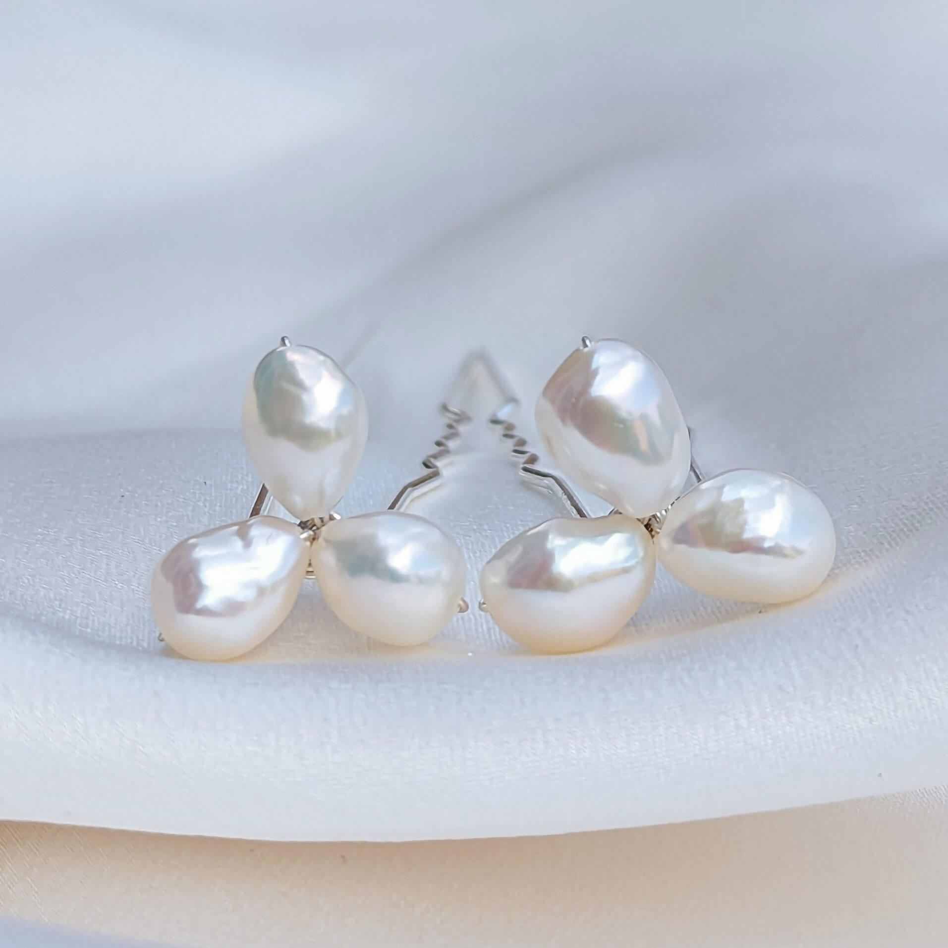 two baroque medium sized pearl cluster hair pins in silver