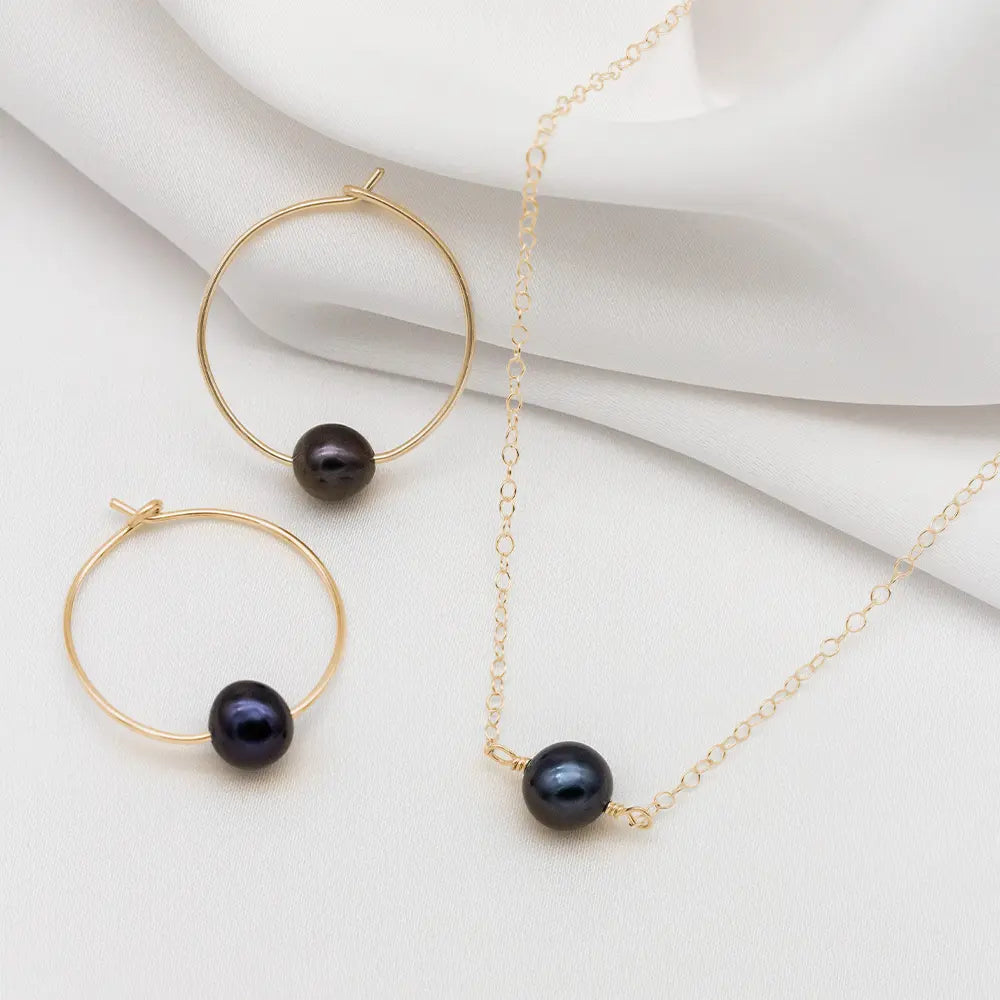 Black Pearl Hoop Earring & Necklace Set - Mia