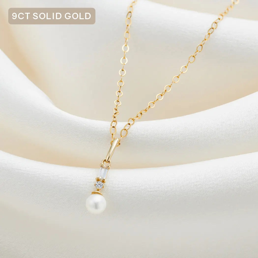 9ct Solid Gold Mini Rectangular Diamante Pearl Charm Necklace - Lilith