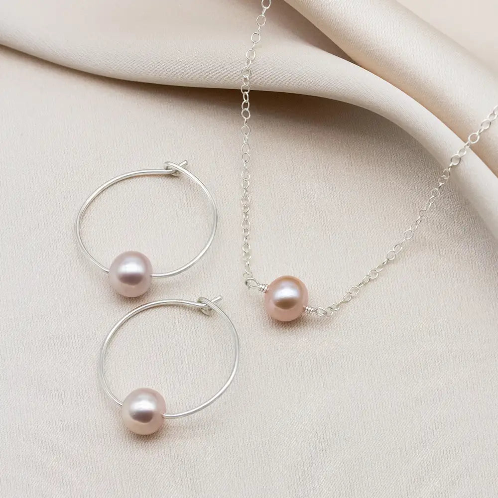 Pink Pearl Hoop Earrings and Necklace Set - Mia