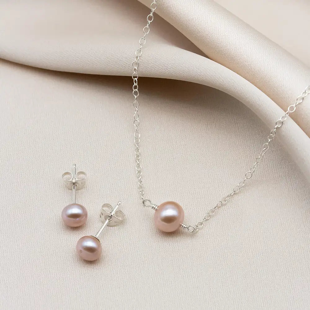 Stud Earrings and Necklace Set with Pink Pearls - Amari