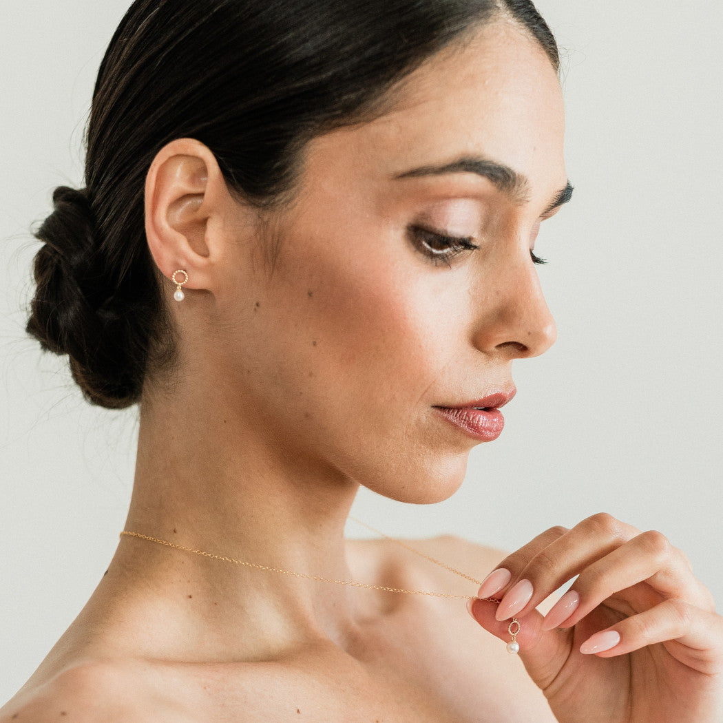 9ct Solid Gold Tiny Twisted Open Circle Pearl Drop Stud Earrings - Carrie