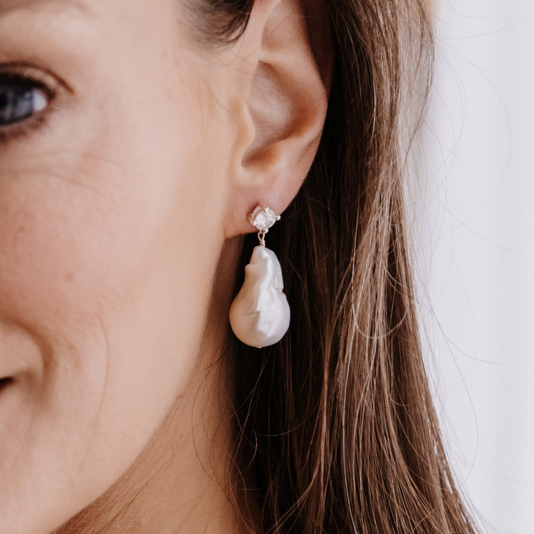 Large Pearl Crystal Statement Stud Drop Earrings - Nova