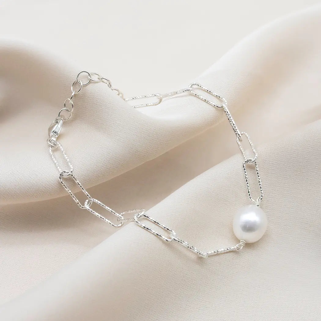 Sparkly Pearl Paperclip Chain Bracelet - Elaina