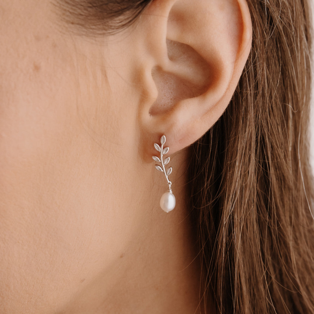 Pearl Drop Vine Leaf Earrings
