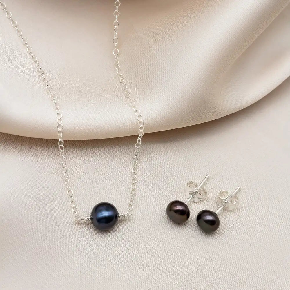 Black Pearl Stud Earring & Necklace Set - Amari