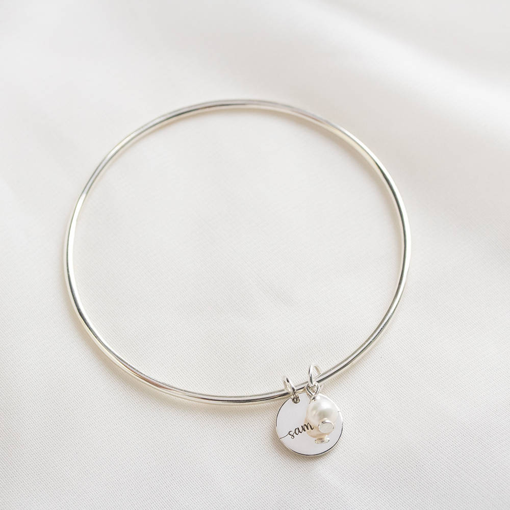 Personalised Coin & Pearl Charm Bangle