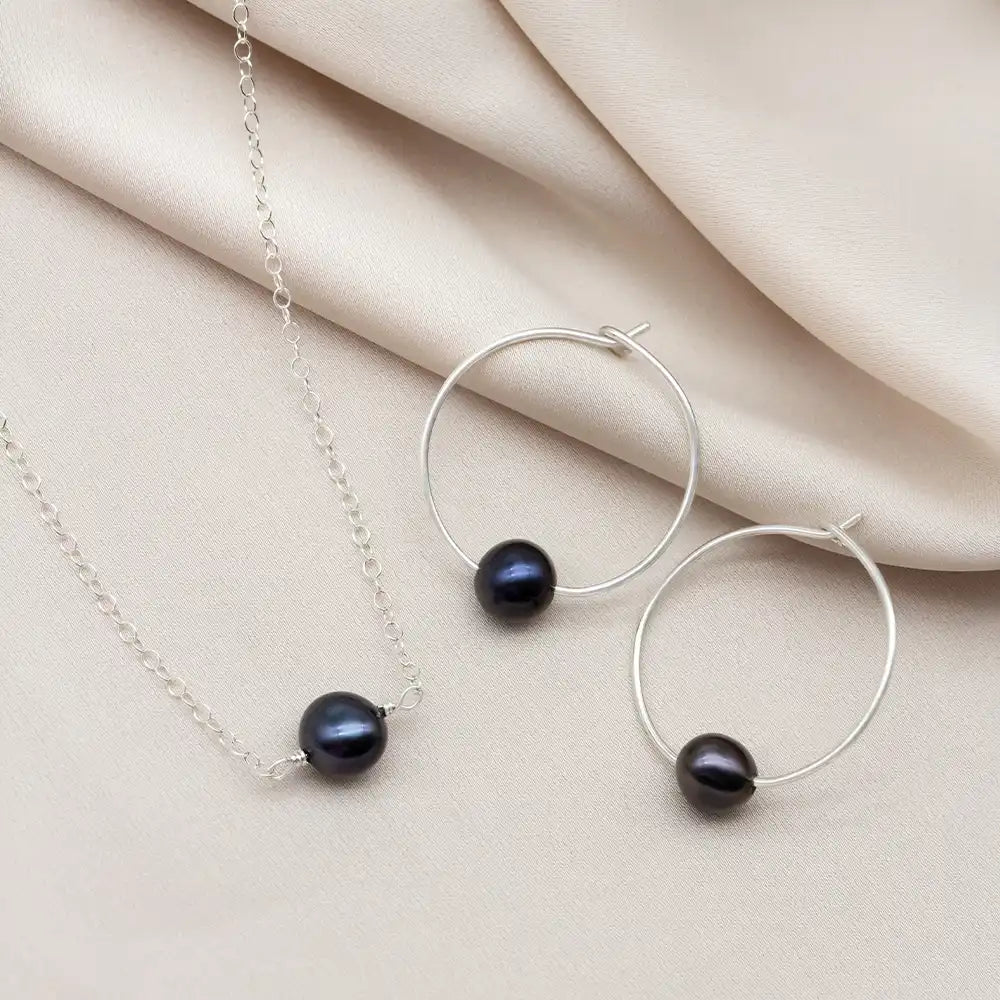 Black Pearl Hoop Earring & Necklace Set - Mia