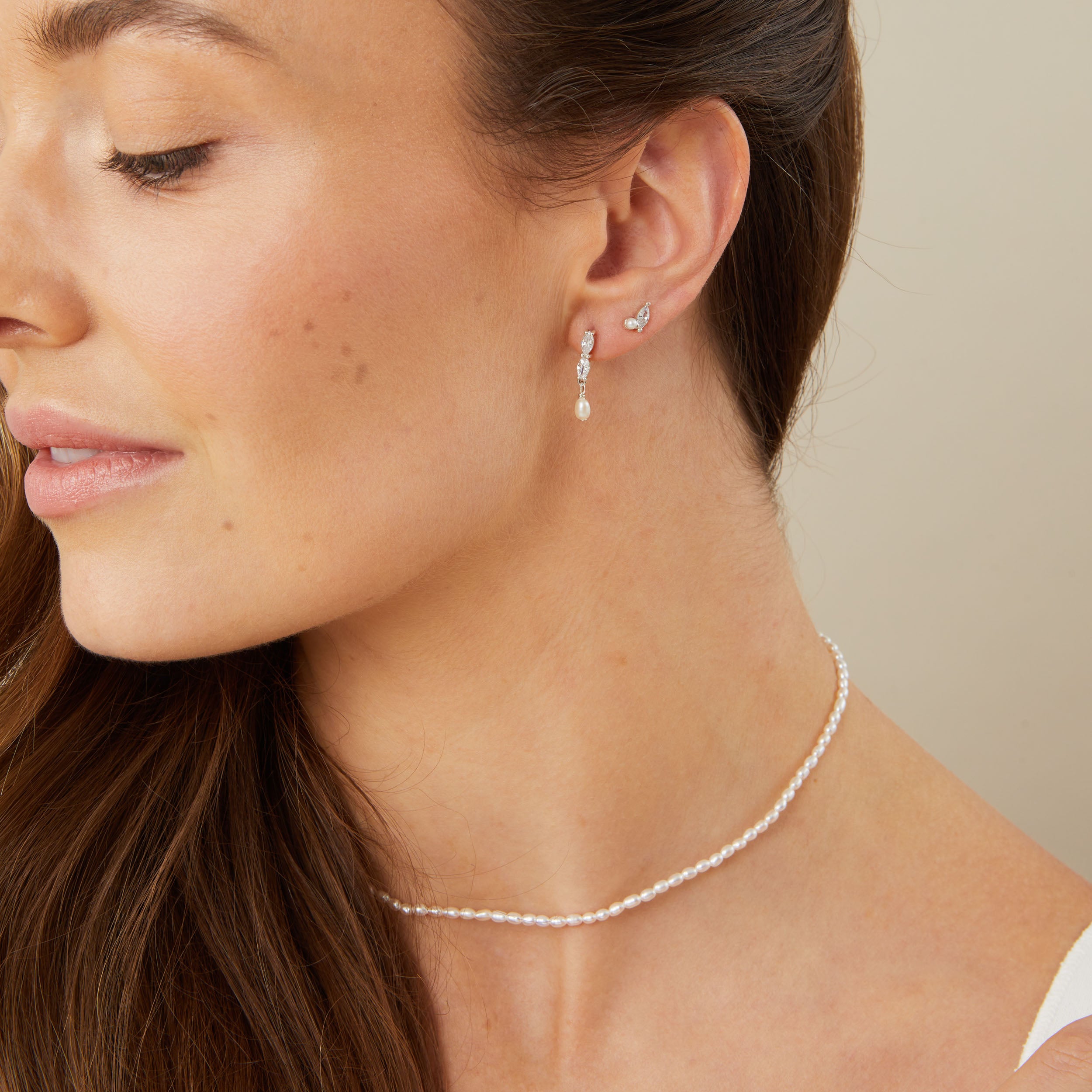 Tiny Crystal Marquise Pearl Stud Earrings - Mira