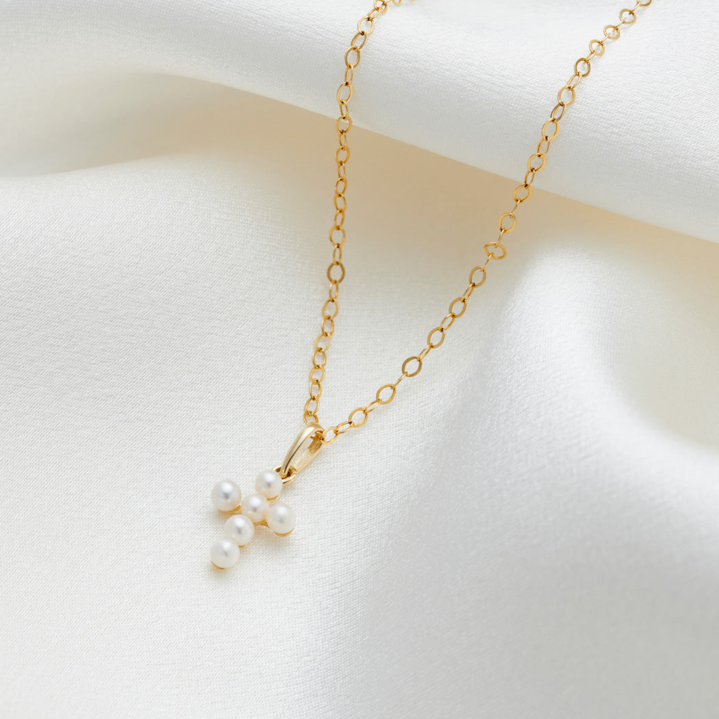 Sterling Silver Tiny Pearl Cross Charm Necklace